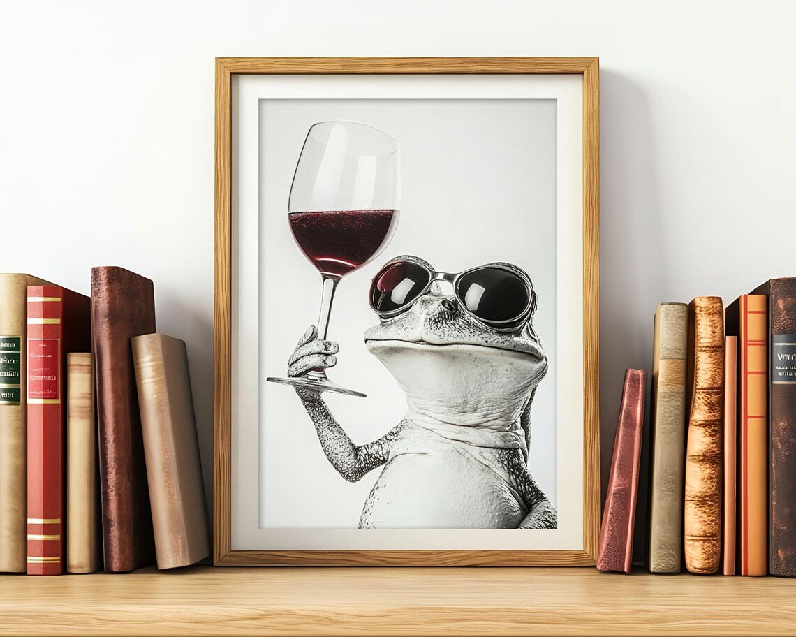 Frog Drinking Red Wine Funny Kitchen Art Print - Image 3