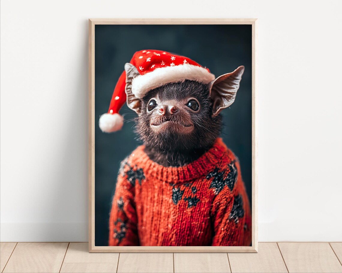 Baby Bat in Santa Hat and Orange Sweater Cute Christmas Holiday Poster