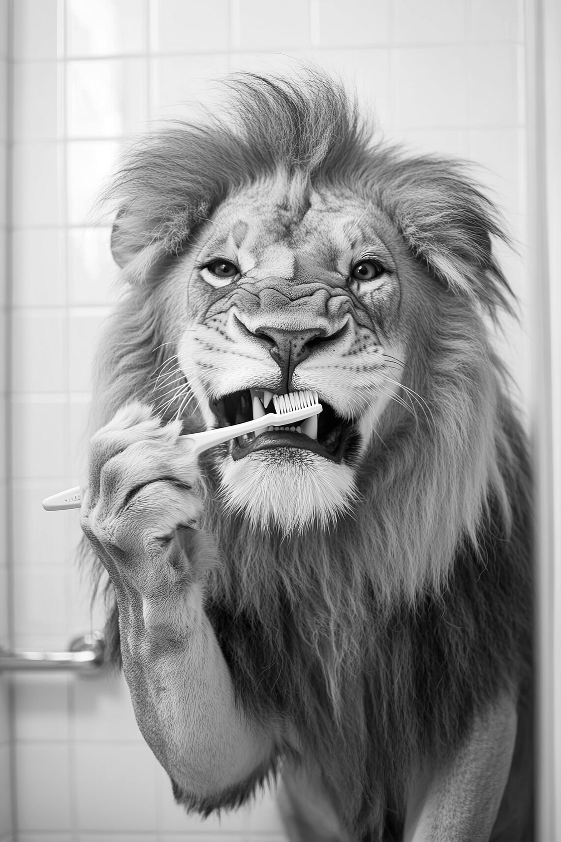 Lion Brushing Teeth Funny Bathroom Animal Art Print - Image 2