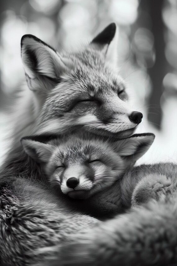 Fox Mother Resting Chin on Kit Black and White Photo Poster for Nursery Decor