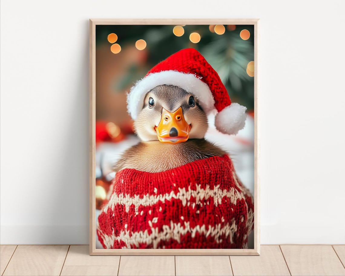 Cute Christmas Duck Retro Winter Animal Art Print
