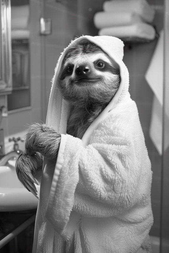Sloth In A Bathrobe Funny Bathroom Wall Art Quirky Animal Art Funny Sloth In Bath Humor Print Home Ai Wall Art Prints
