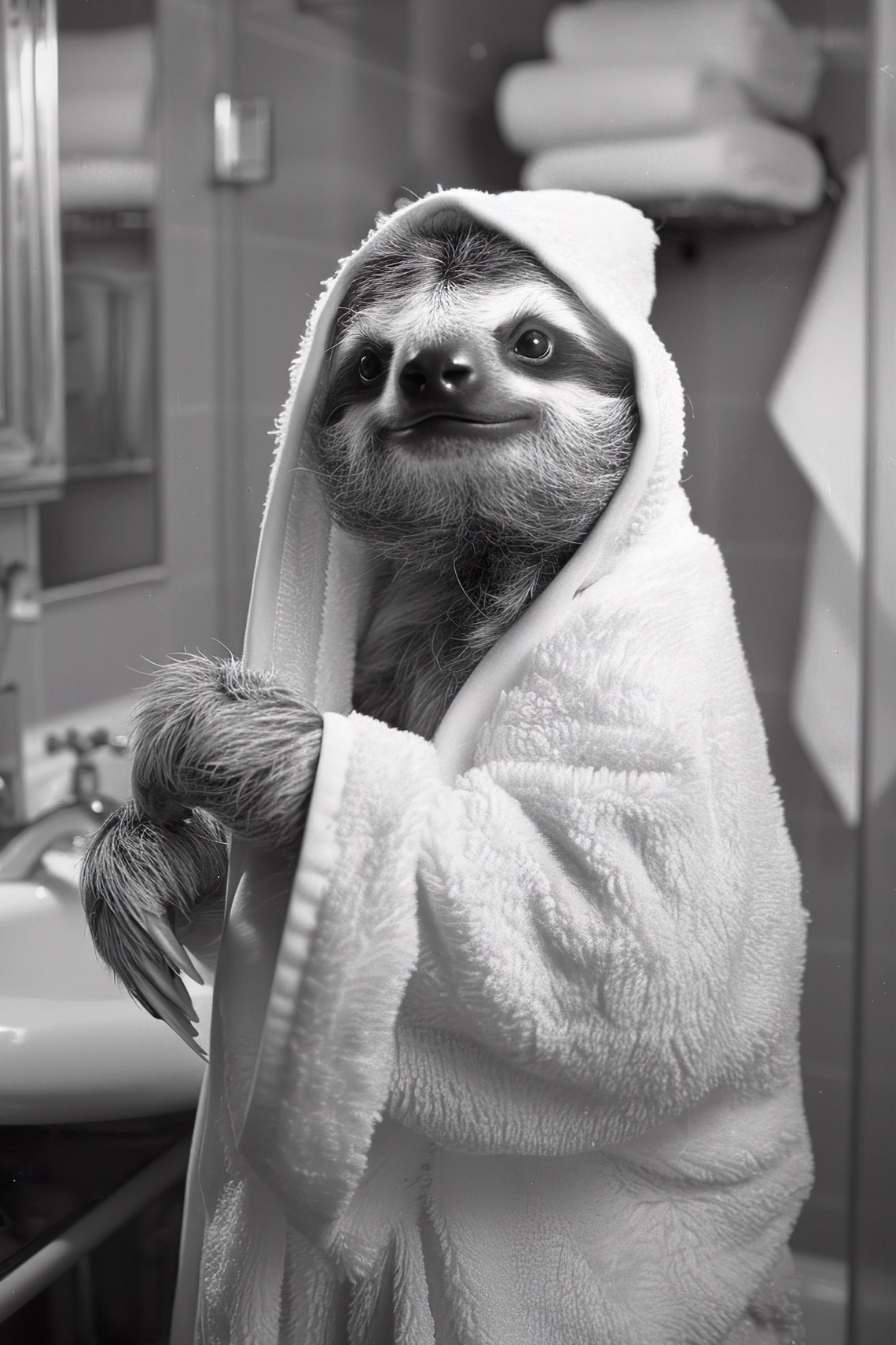 Cute Sloth Hooded Towel Bath Black White Funny Bathroom Animal Poster