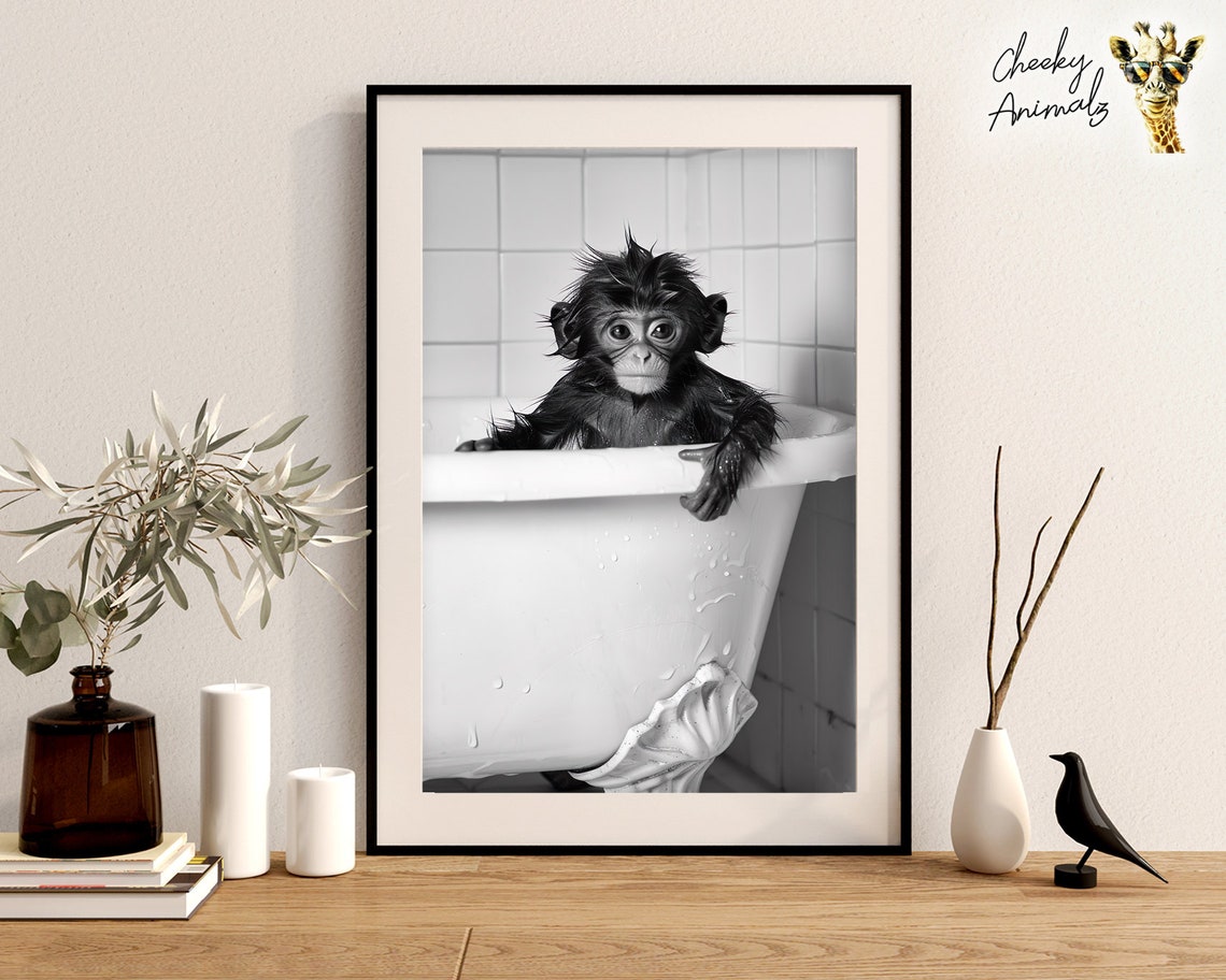 Monkey In The Bathtub Funny Animal Photograph Monkey Taking A Bubble Bath Ai Animal Print Funny Bathroom Wall Art Home - Image 2