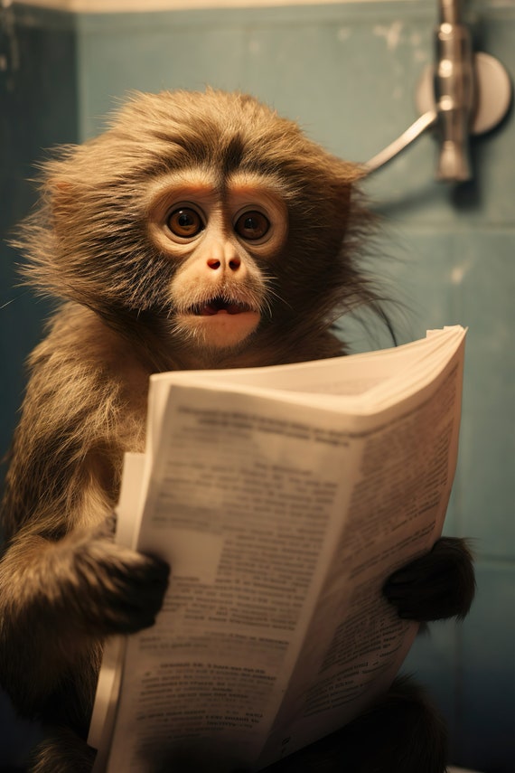 Marmoset Monkey Sitting On The Toilet Reading A Newspaper Funny Bathroom Wall Art Funny Monkey Print Animal Photo Ai Art