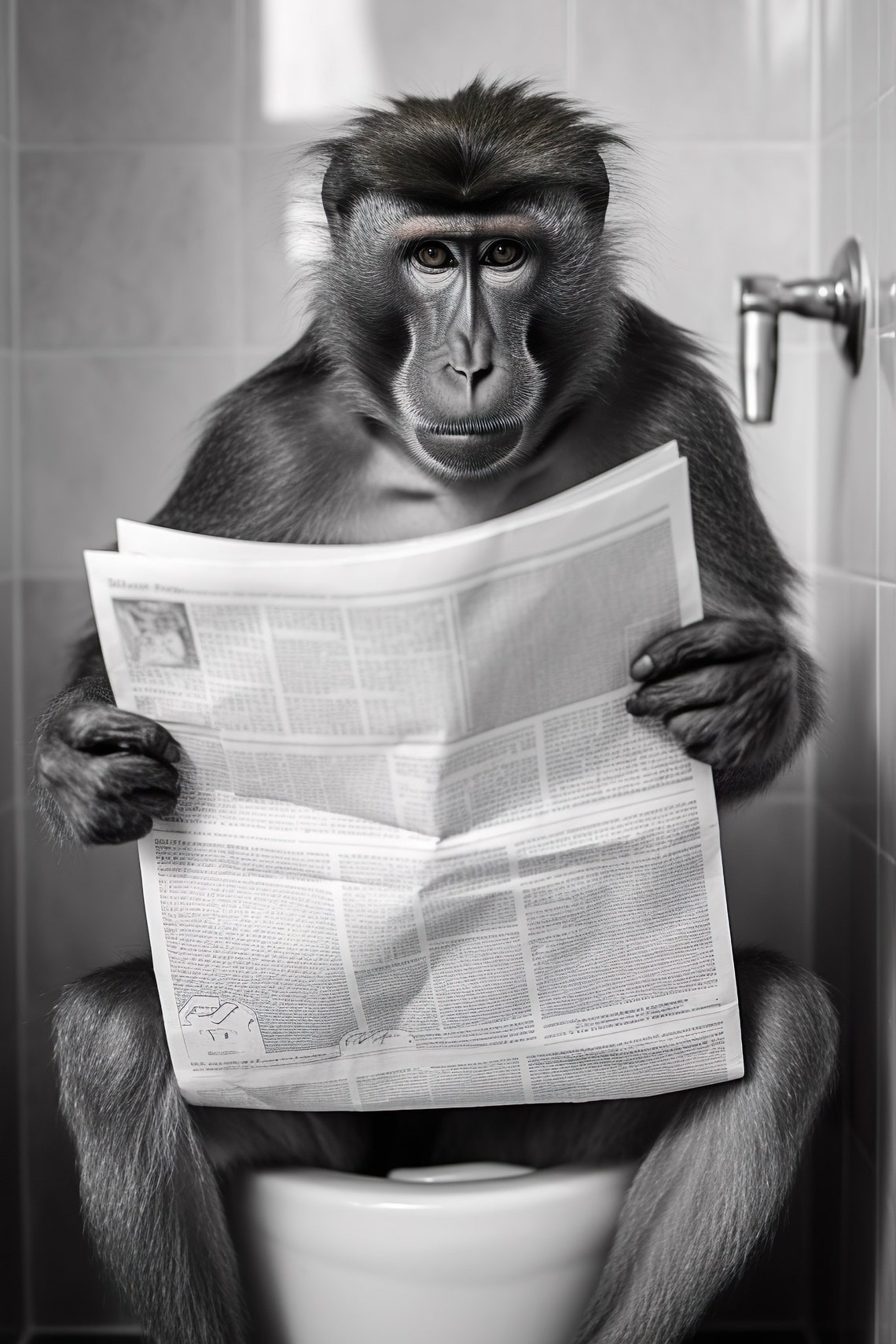 Mandrill Reading Newspaper on Toilet Black White Bathroom Poster