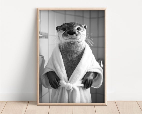Otter In A Bathrobe Funny Bathroom Wall Art Funny Retro Vintage Style Animal Photo Cute Otter Wall Art Print Wall Art