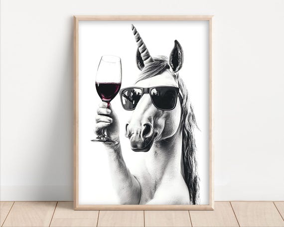 Unicorn Drinking Red Wine Funny Kitchen Wall Art Home Bar Decor Funny Animal Print Photo Funny Wine Lover Art Print Ai Art