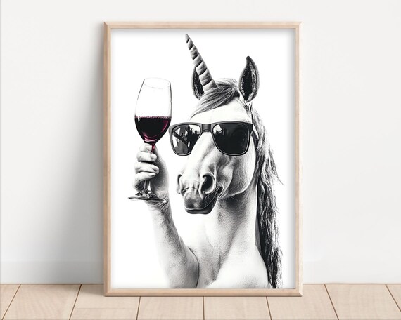 Unicorn With Sunglasses Holding Red Wine Glass Funny Animal Poster