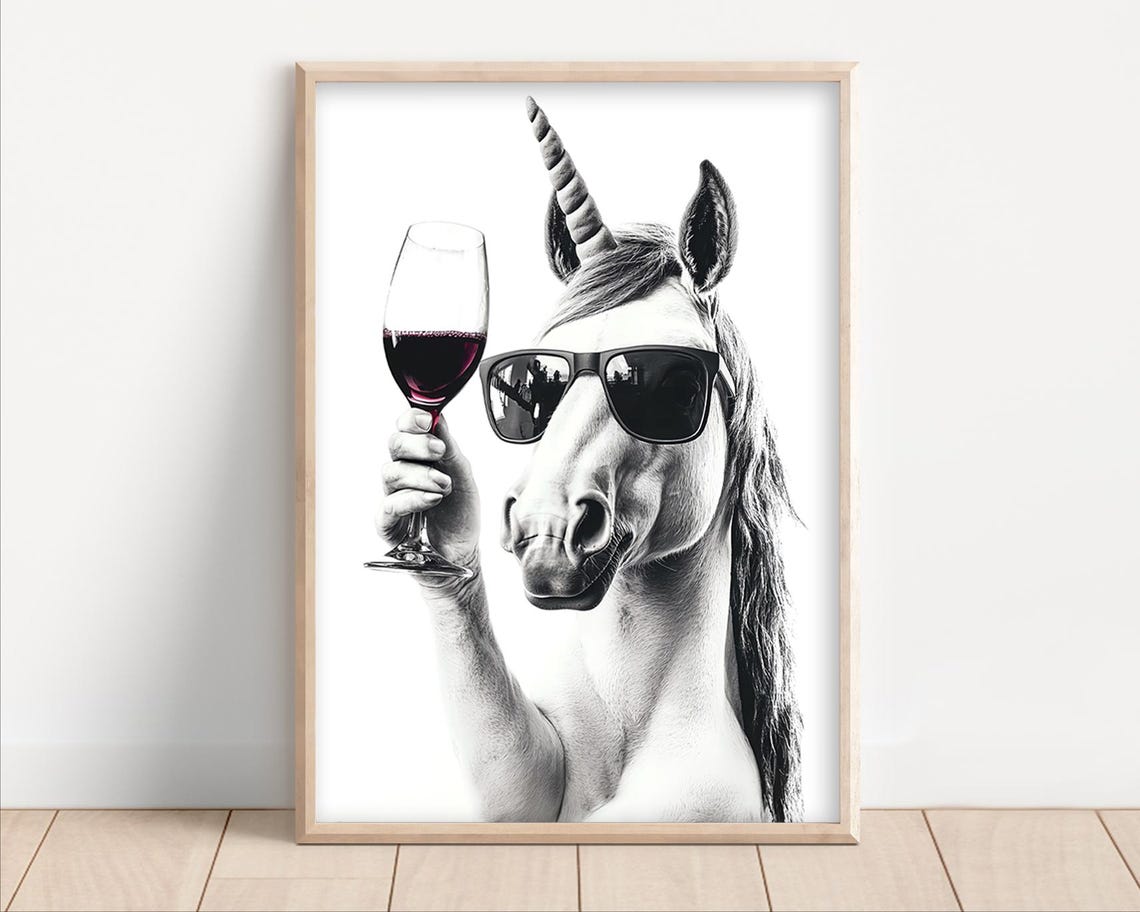 Unicorn With Sunglasses Holding Red Wine Glass Funny Animal Poster
