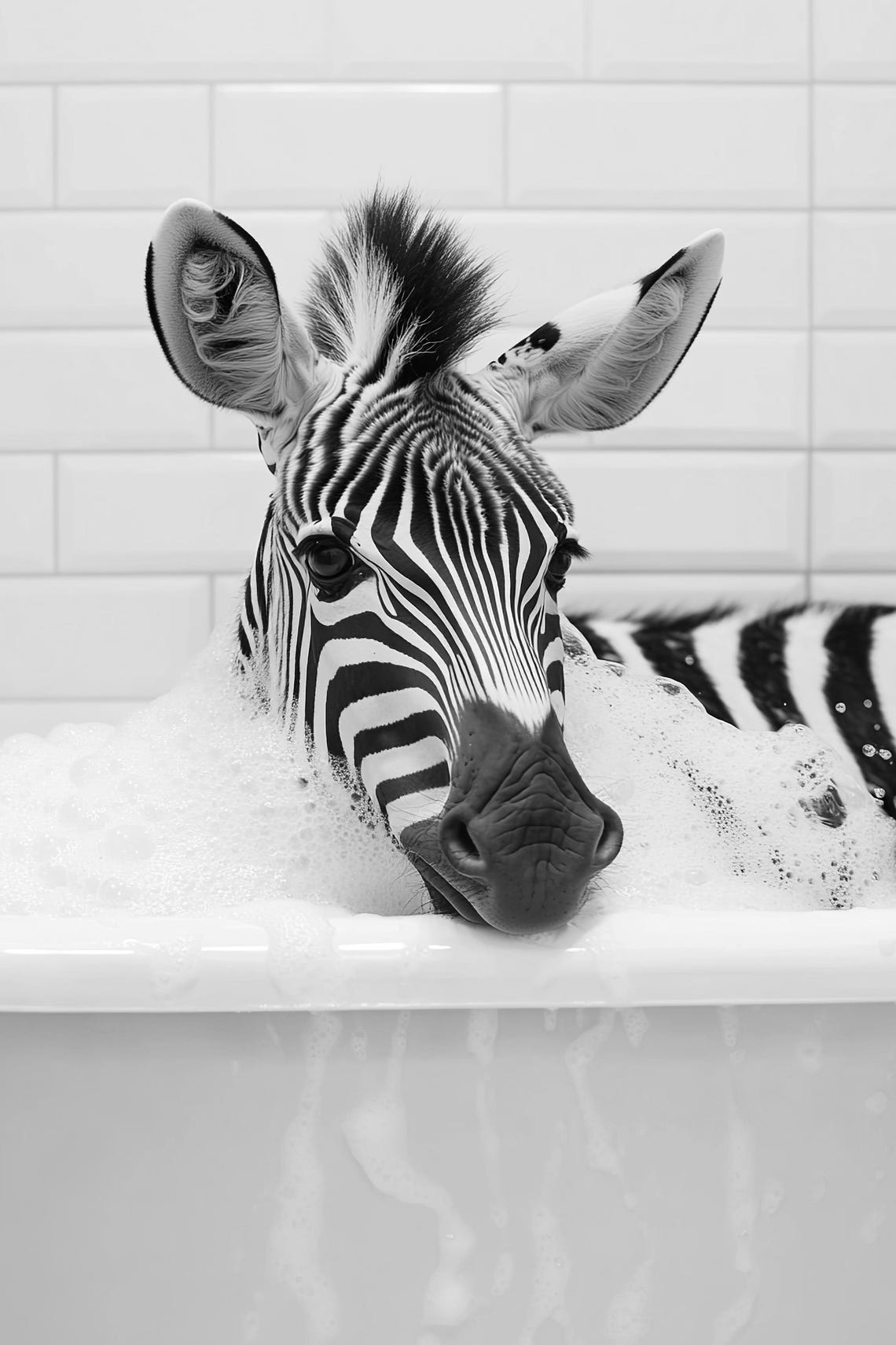 Baby Zebra in Bubble Bath Black and White Funny Bathroom Print - Image 2