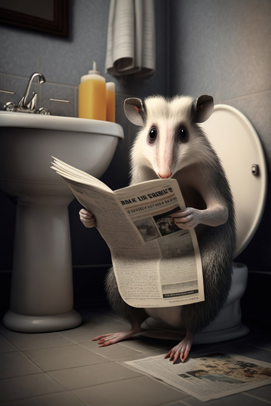 Opossum on the Toilet Reading Newspaper, Humor Art Print