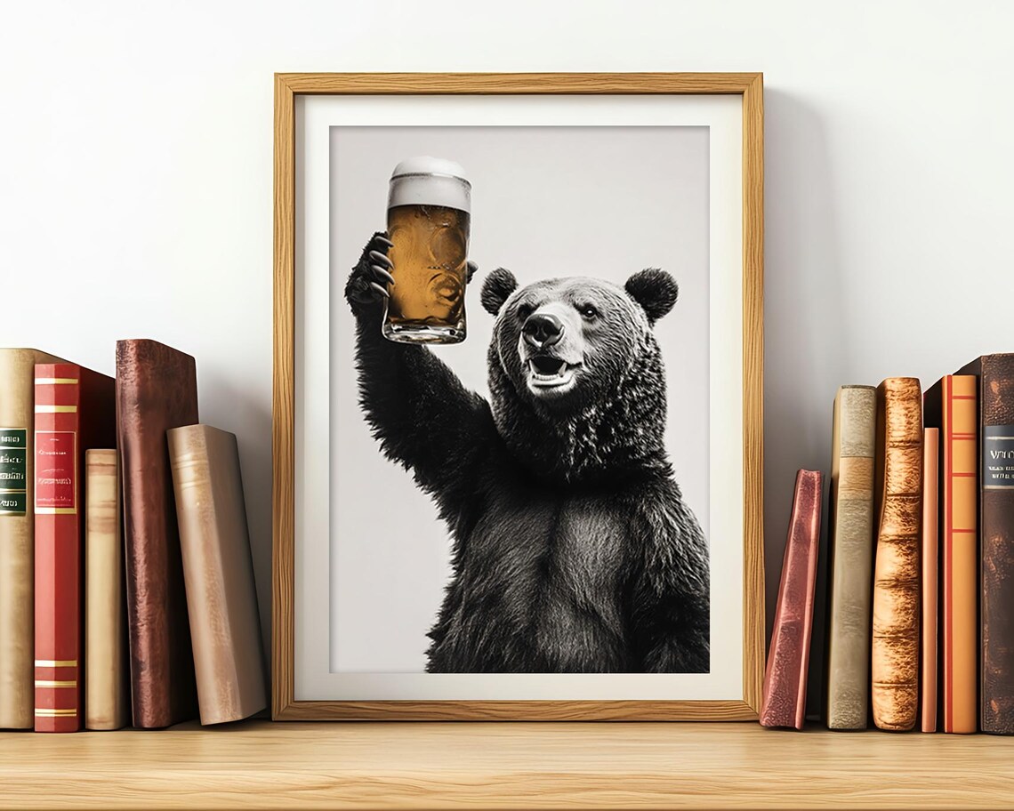 Bear Drinking Beer Funny Kitchen Bar Art Print