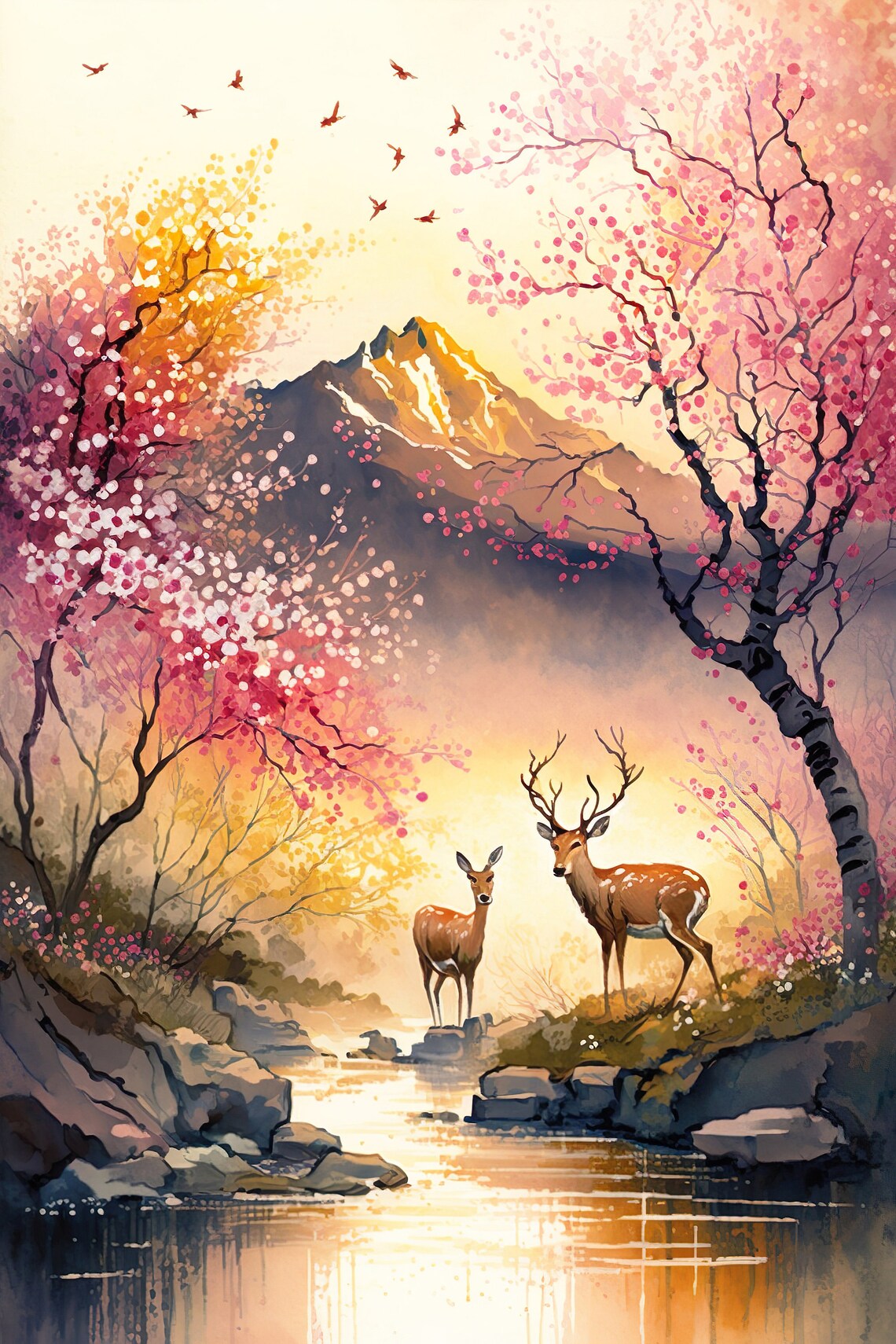 Sika Deer By The River, Japanese Landscape Art Print