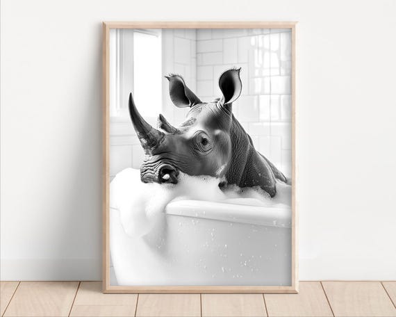 Rhino In The Bathtub Funny Bathroom Wall Art Cute Rhino Taking A Bubble Bath Vintage Style Retro Animal Photo Print Ai Art