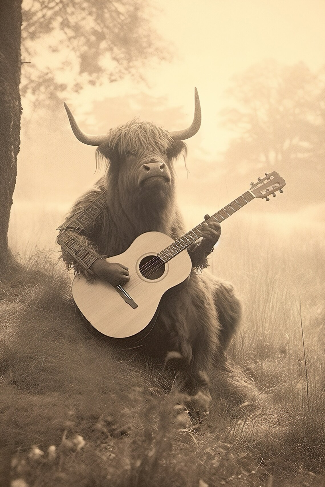 Highland Cow Playing Guitar Funny Vintage Animal Print Cow Photograph Retro Cow Humor Vintage Wall Art Home Decor Ai Art