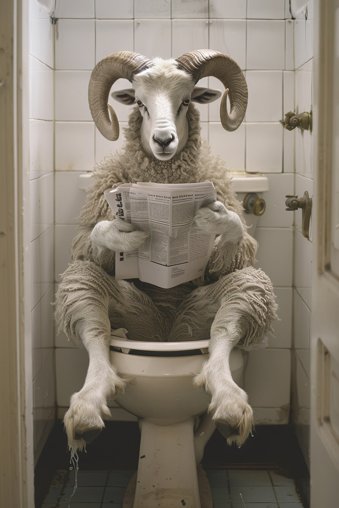Ram Sitting on Toilet Reading Newspaper Funny Bathroom Animal Poster