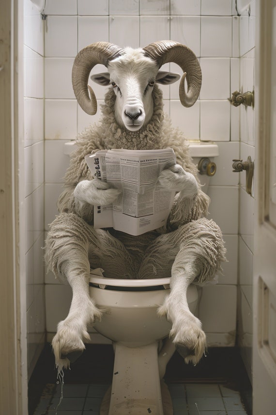 Ram Sitting On The Toilet Reading A Newspaper Funny Bathroom Humor Bighorn Sheep Funny Animal Print Home Ai Print
