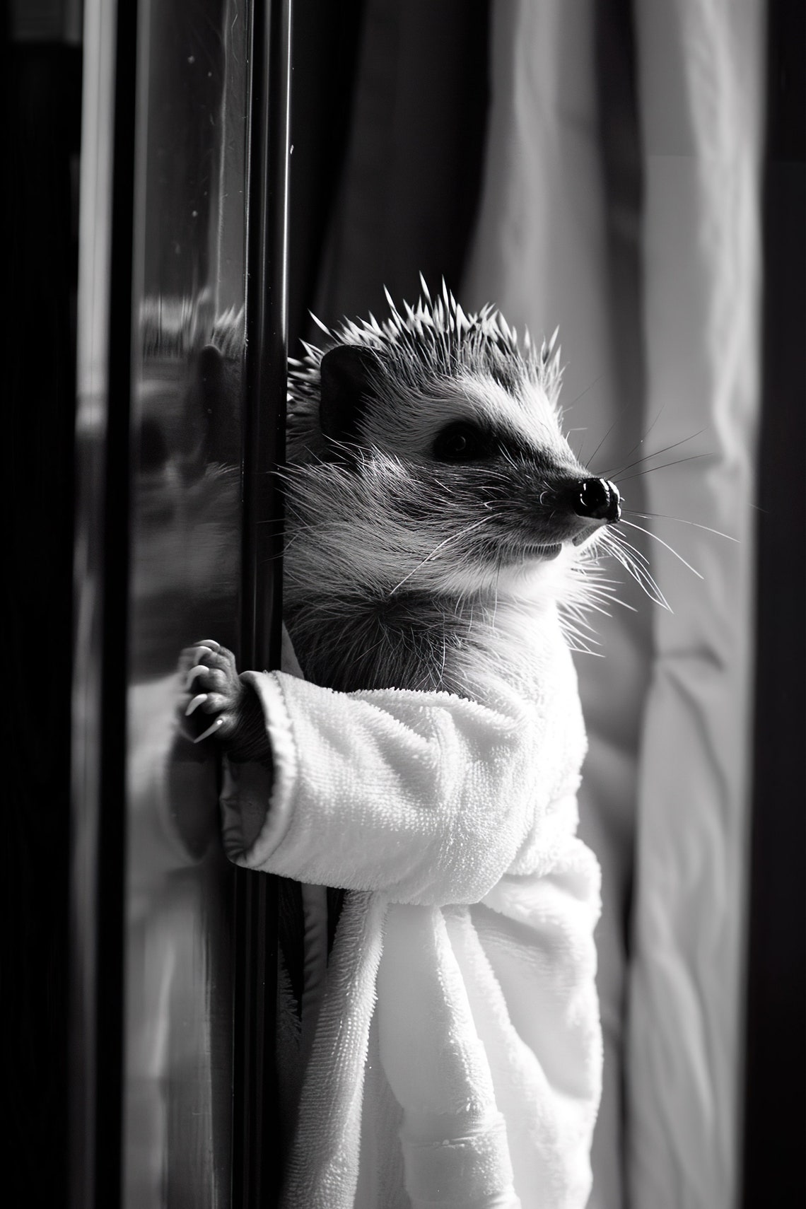 Hedgehog In Bathrobe Peeking Black And White Bathroom Humor Poster