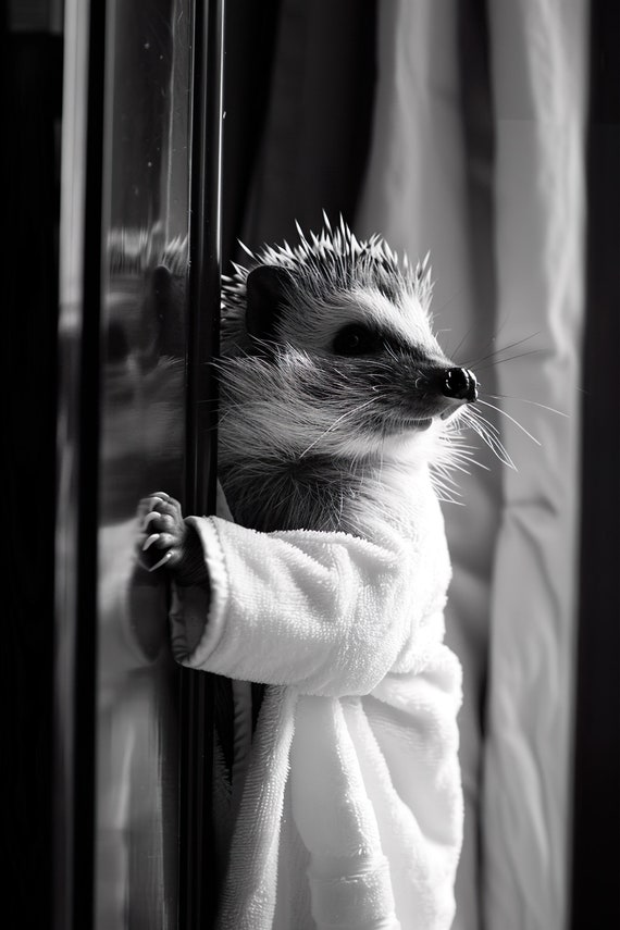 Hedgehog In A Bathrobe Funny Bathroom Wall Art Quirky Animal Art Funny Hedgehog In Bath Humor Print Home Ai Wall Art Prints