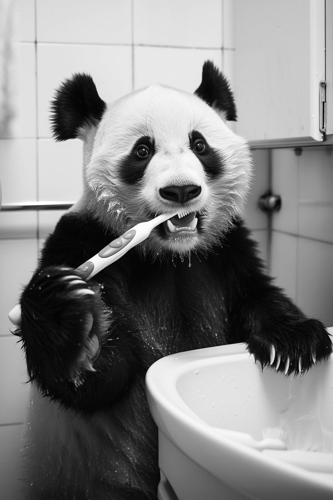 Panda Brushing Teeth Black And White Bathroom Humor Animal Poster