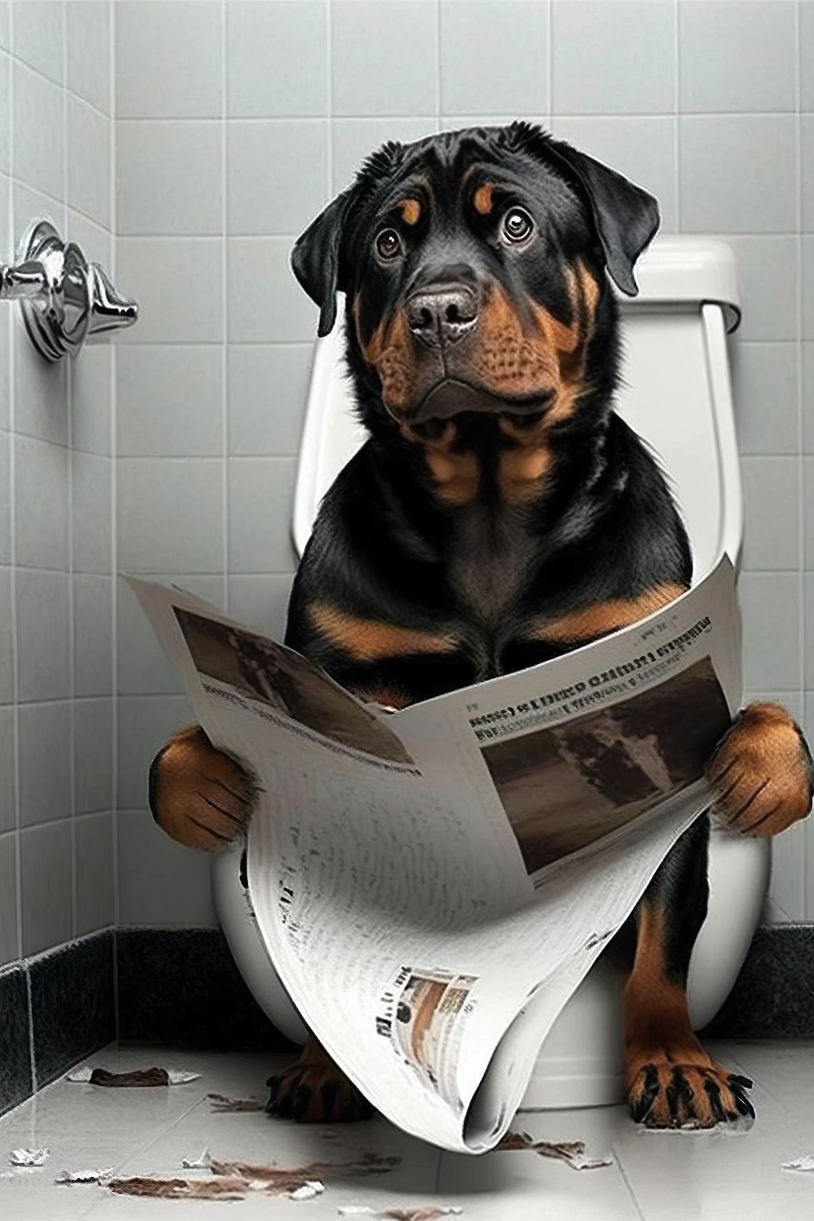 Rottweiler Reading Newspaper Bathroom Art Print
