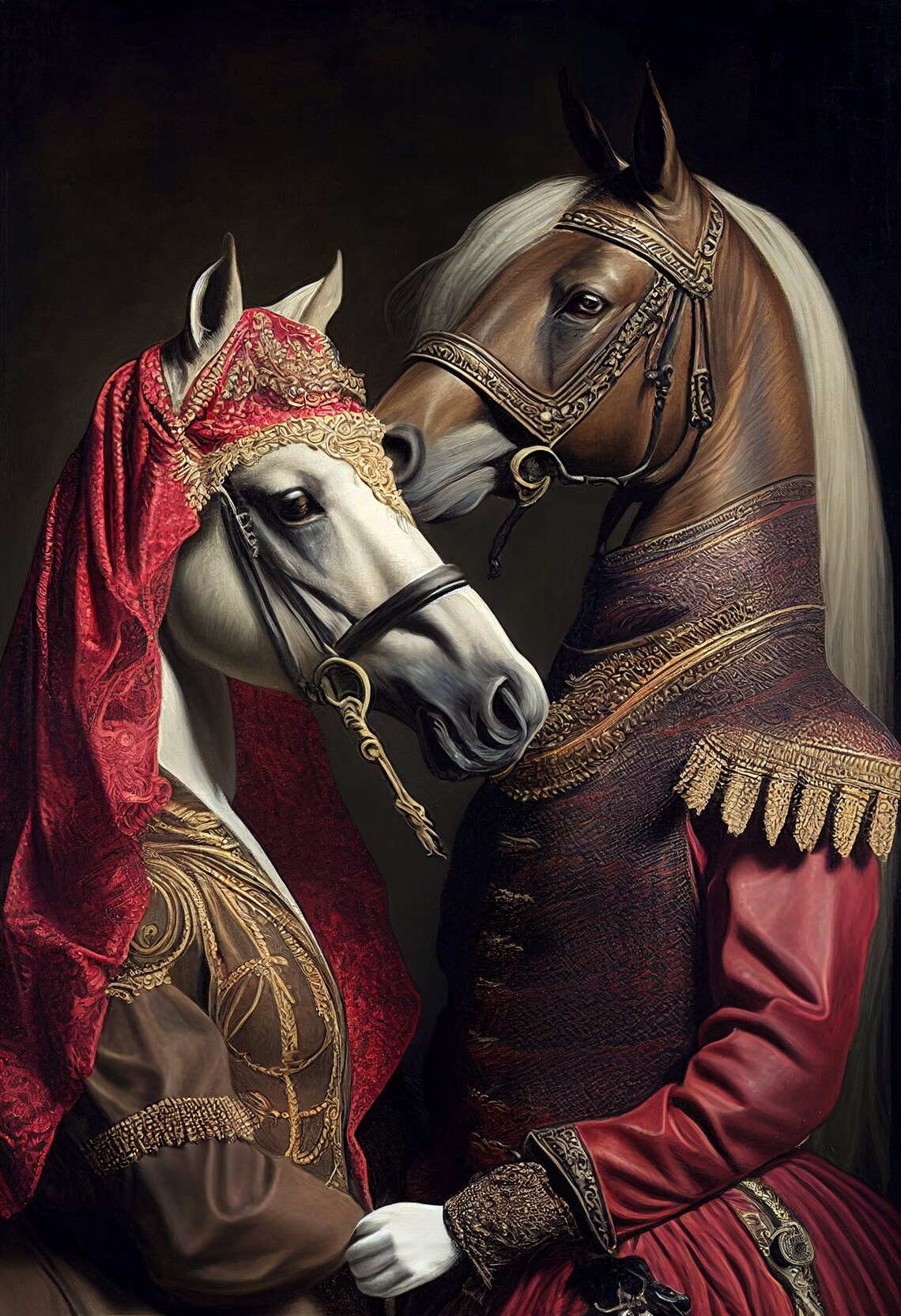 Aristocratic Horse Couple Funny Renaissance Art Print