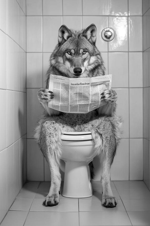 Wolf Sitting On The Toilet Reading A Newspaper Funny Bathroom Wall Art Vintage Style Cute Animal Photo Retro Animals Ai Art