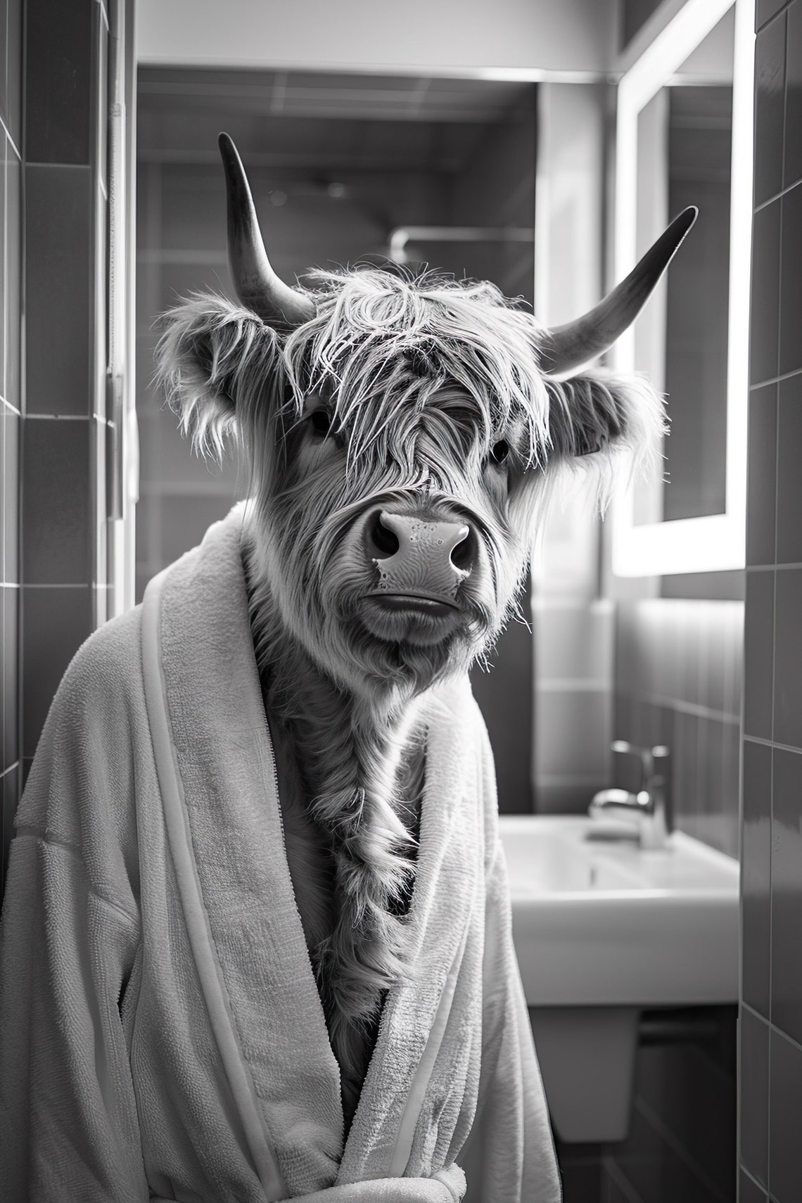 Funny Highland Cow Bathrobe Black White Bathroom Humor Animal Poster