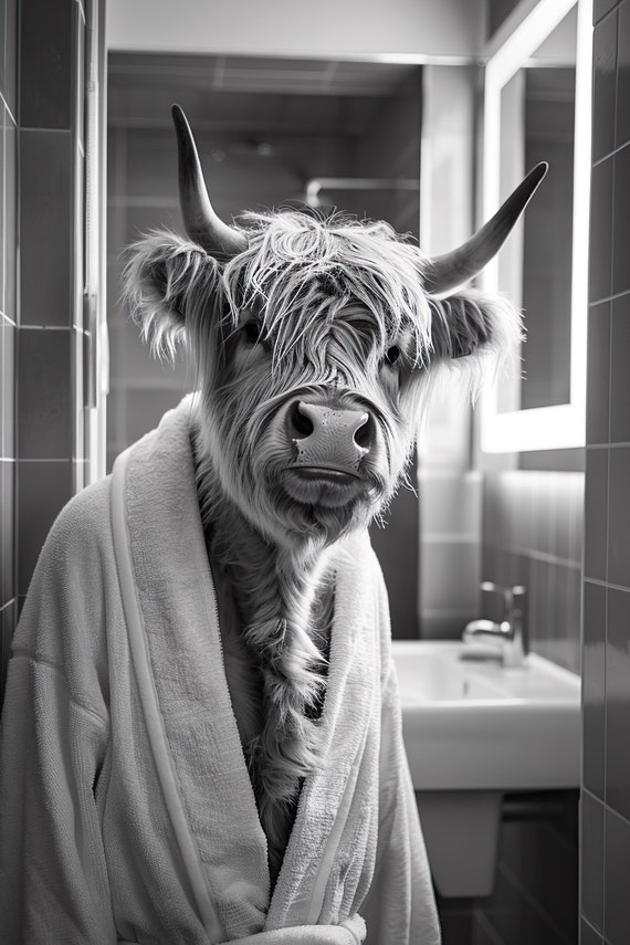 Highland Cow In A Bathrobe Funny Bathroom Wall Art Quirky Animal Art Funny Cow In Bath Humor Print Home Ai Wall Art Prints
