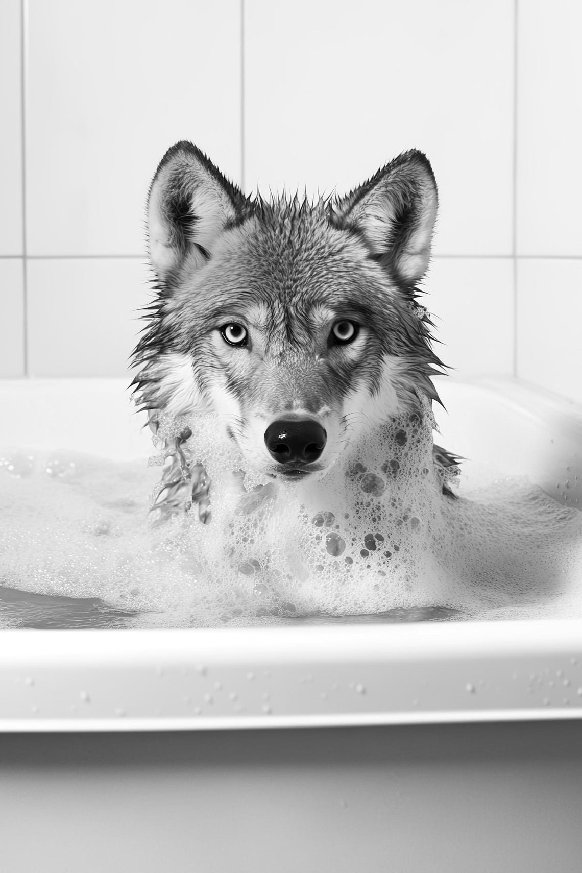 Wolf Bubble Bath Black White Funny Bathroom Humor Animal Photo Poster - Image 2