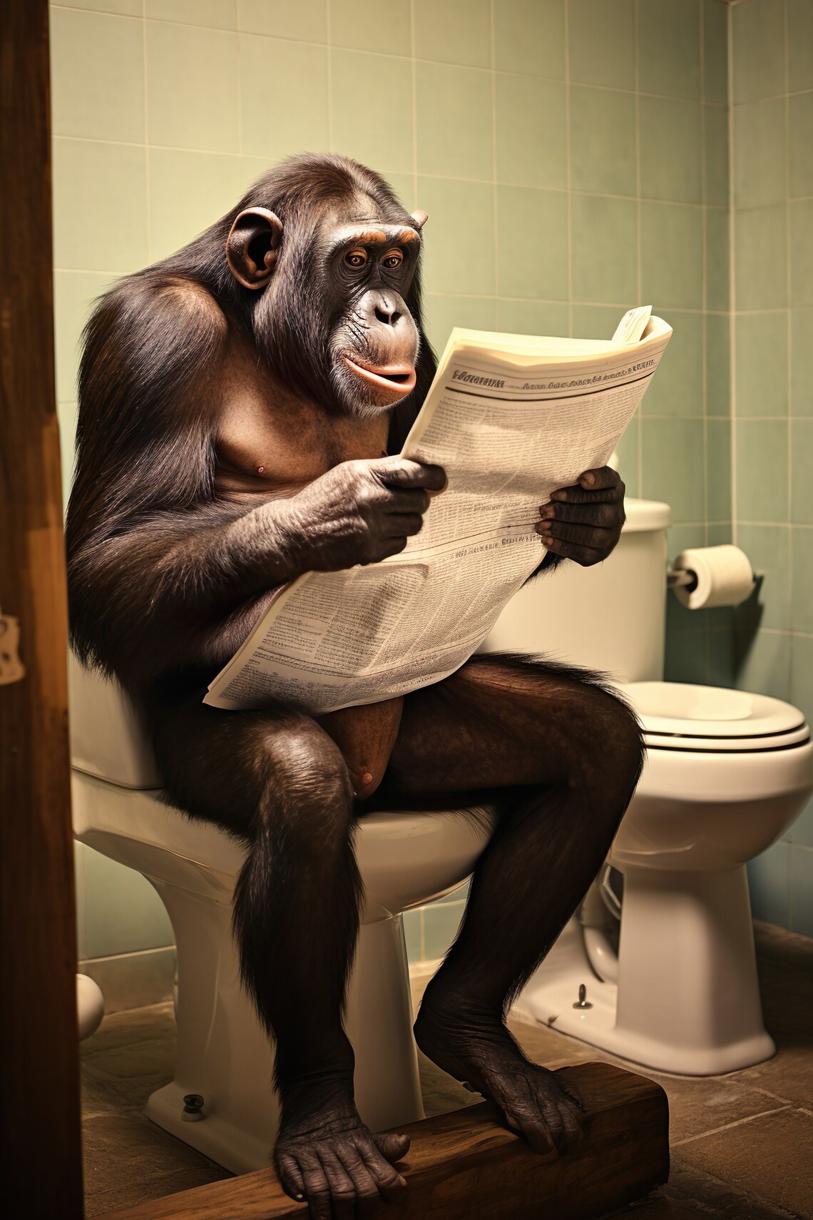Chimpanzee Toilet Reading Newspaper, Funny Bathroom Art