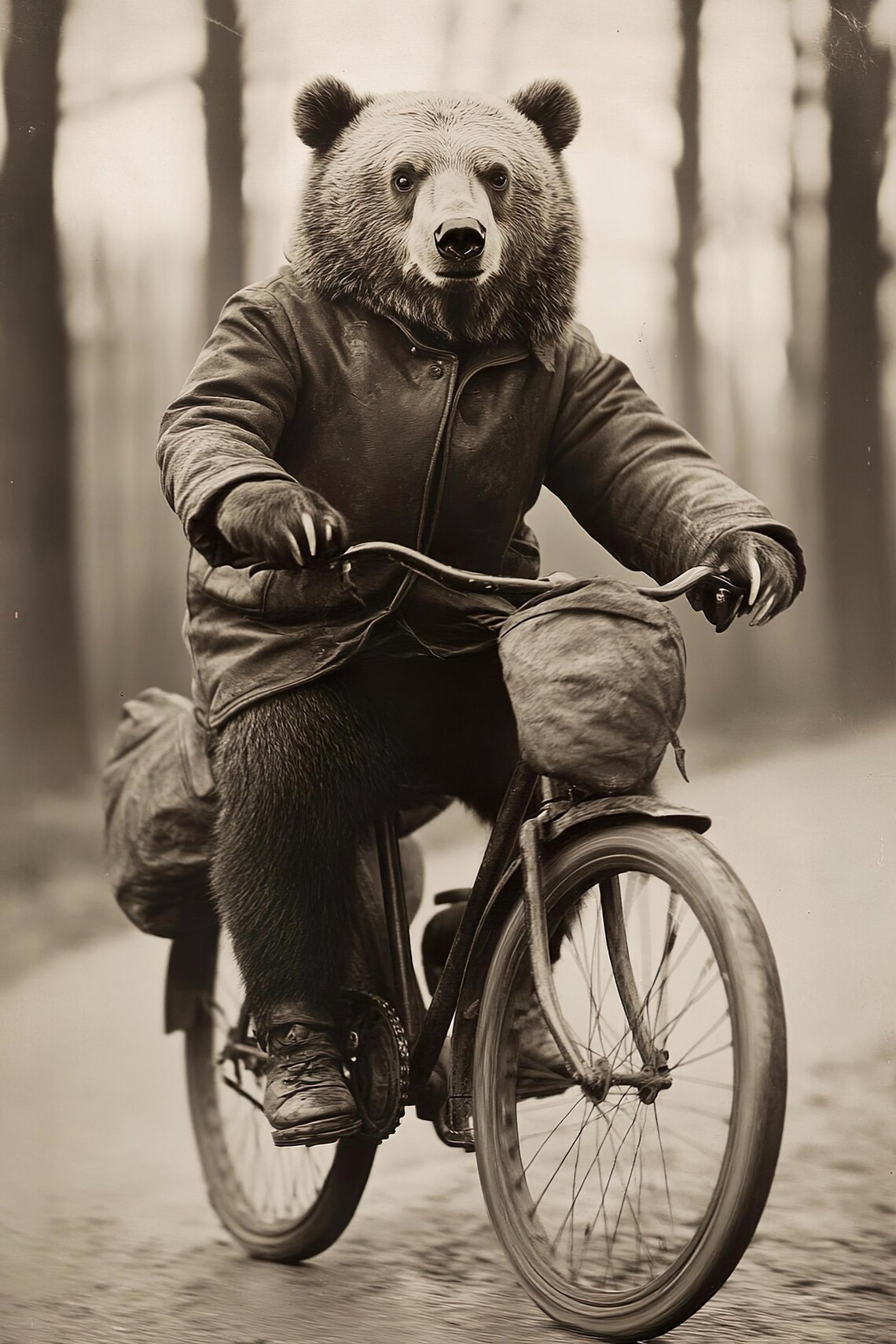 Bear Riding Bicycle Forest Trail Sepia Vintage Animal Poster