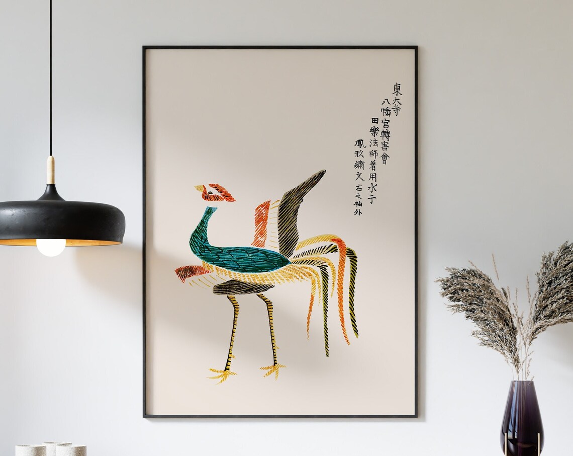 Vintage Japanese Crane Bird Traditional Woodblock Style Art Poster