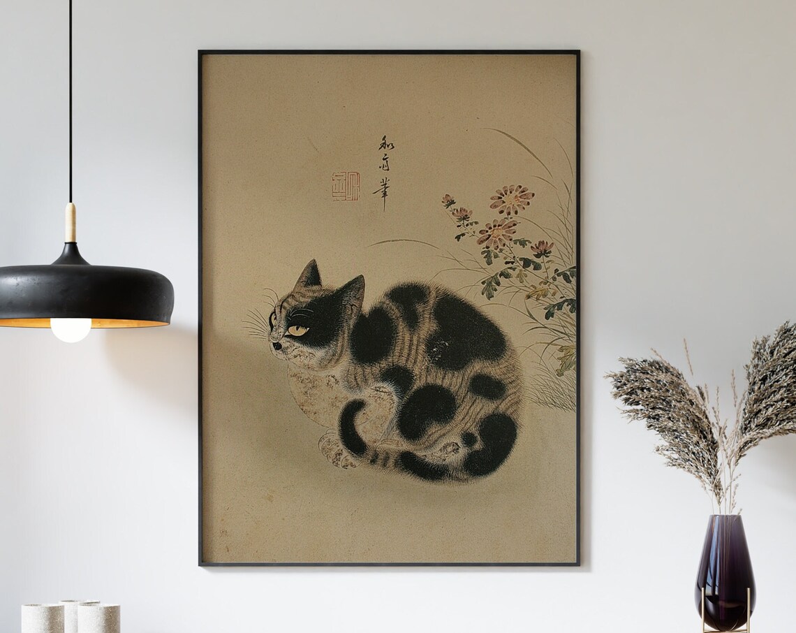 Japanese Vintage Cat Painting with Chrysanthemum Blossom Poster - Image 3