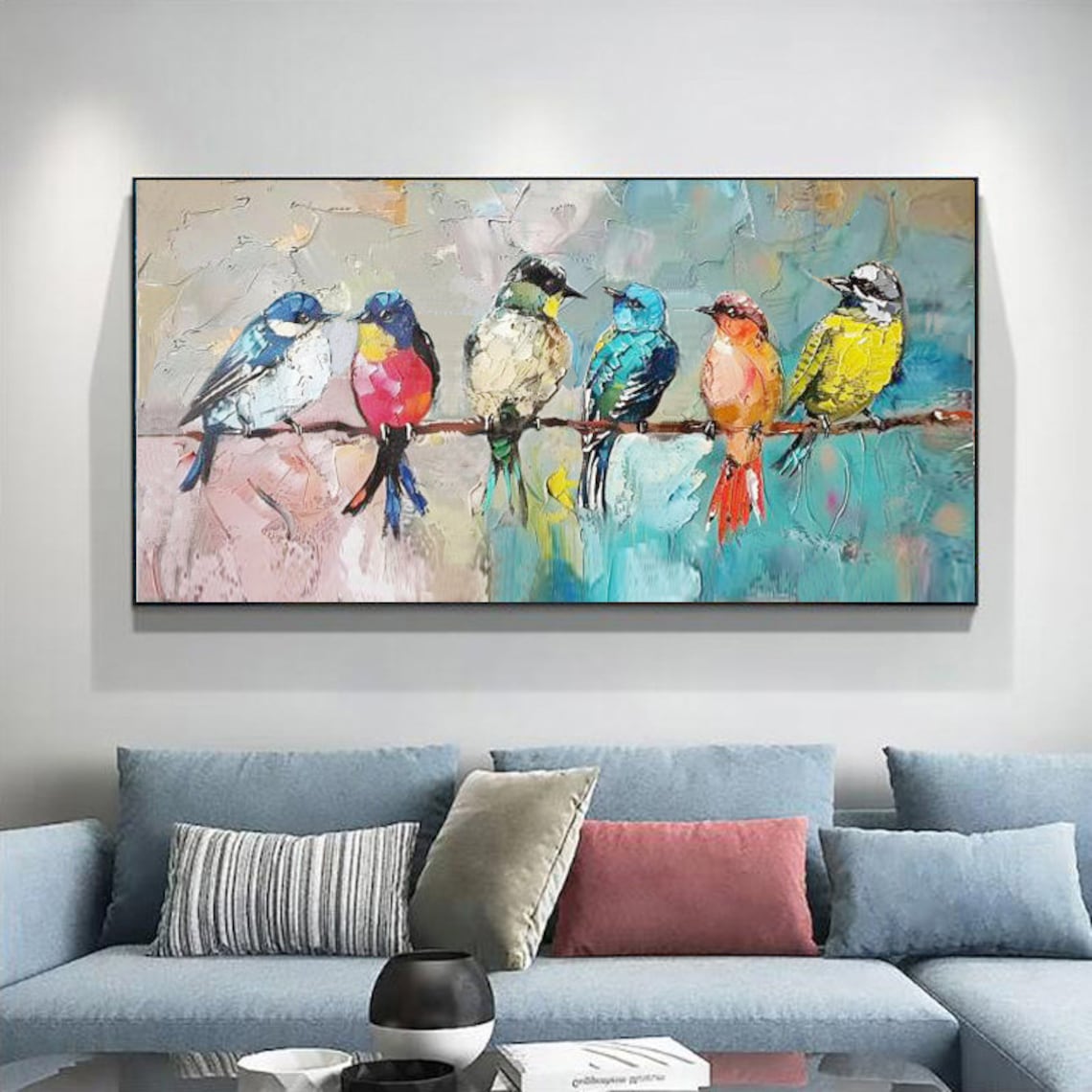 Colorful Birds on Branch Oil Painting, Abstract Art - Image 4