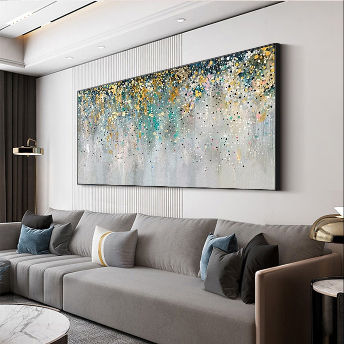 Abstract Colorful Confetti Dots Over Teal Gray Canvas Poster - Image 2