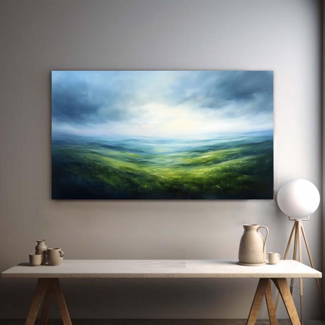 Emerald Green Rolling Hills Under Misty Sky Panoramic Landscape Poster - Image 5