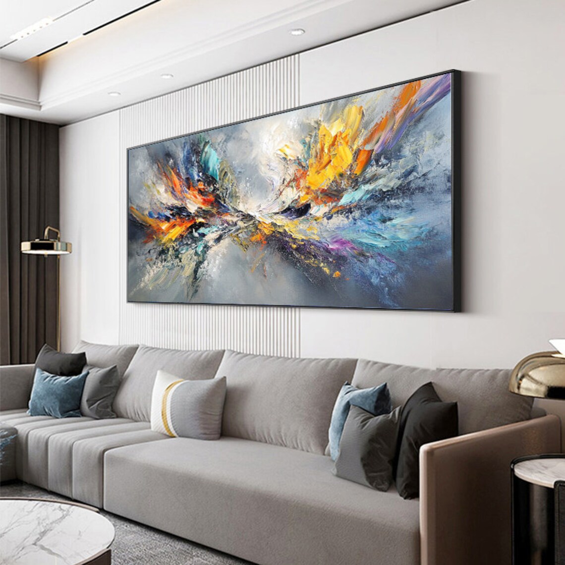Soft Gray Abstract With Fiery Orange And Blue Brushstrokes Art Poster - Image 5