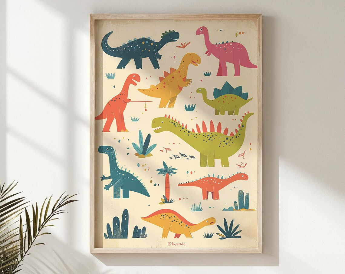 Nine Colorful Cartoon Dinosaurs Cream Background Kids Poster