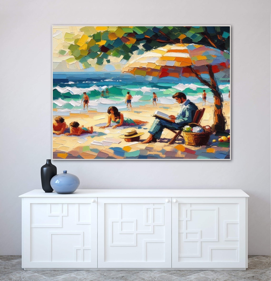 Beach Reading Day Under Striped Umbrella Wide Coastal Art Poster - Image 2