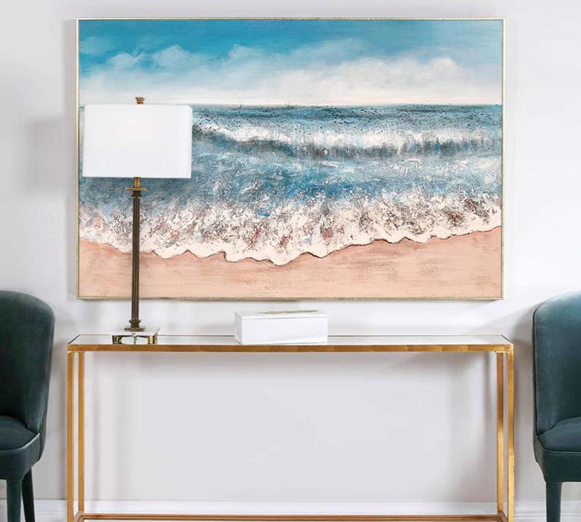 Ocean Waves Washing onto Sandy Beach Blue Seascape Art Poster - Image 3