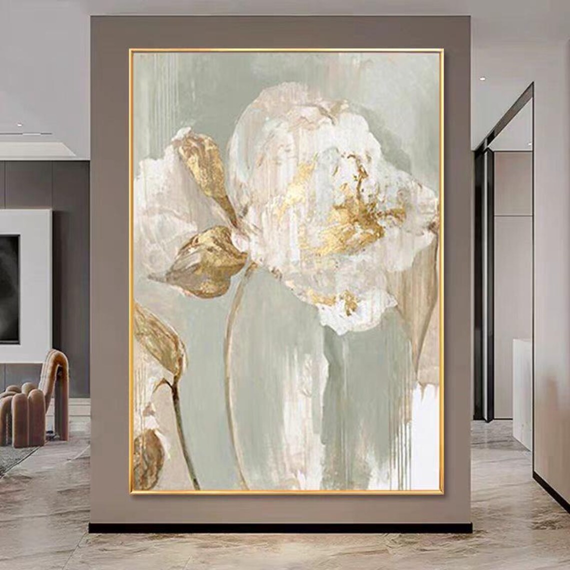 White Peony Gold Accents Sage Green Abstract Floral Vertical Poster - Image 3
