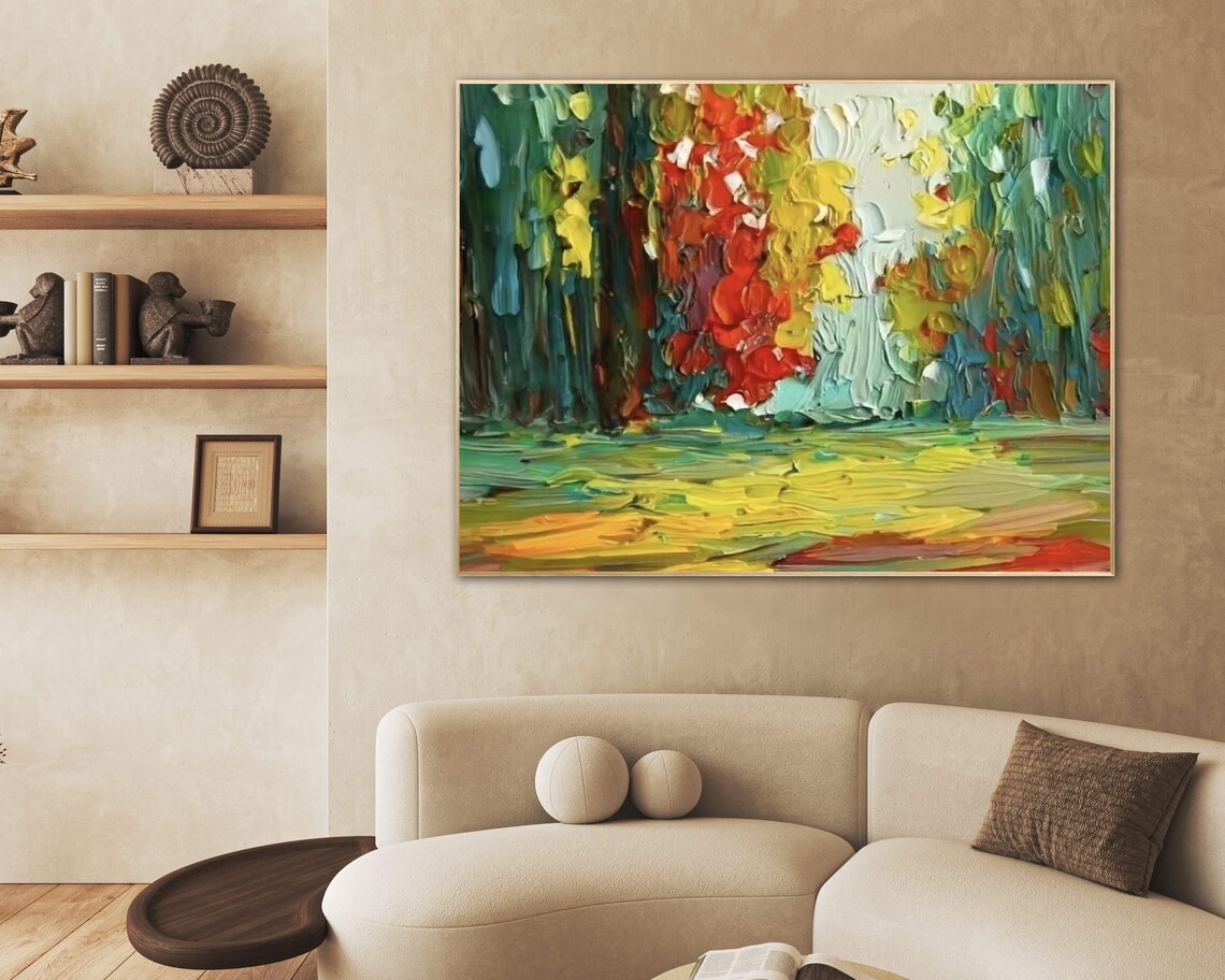 Colorful Forest Edge in Green and Red Impasto Landscape Poster - Image 2