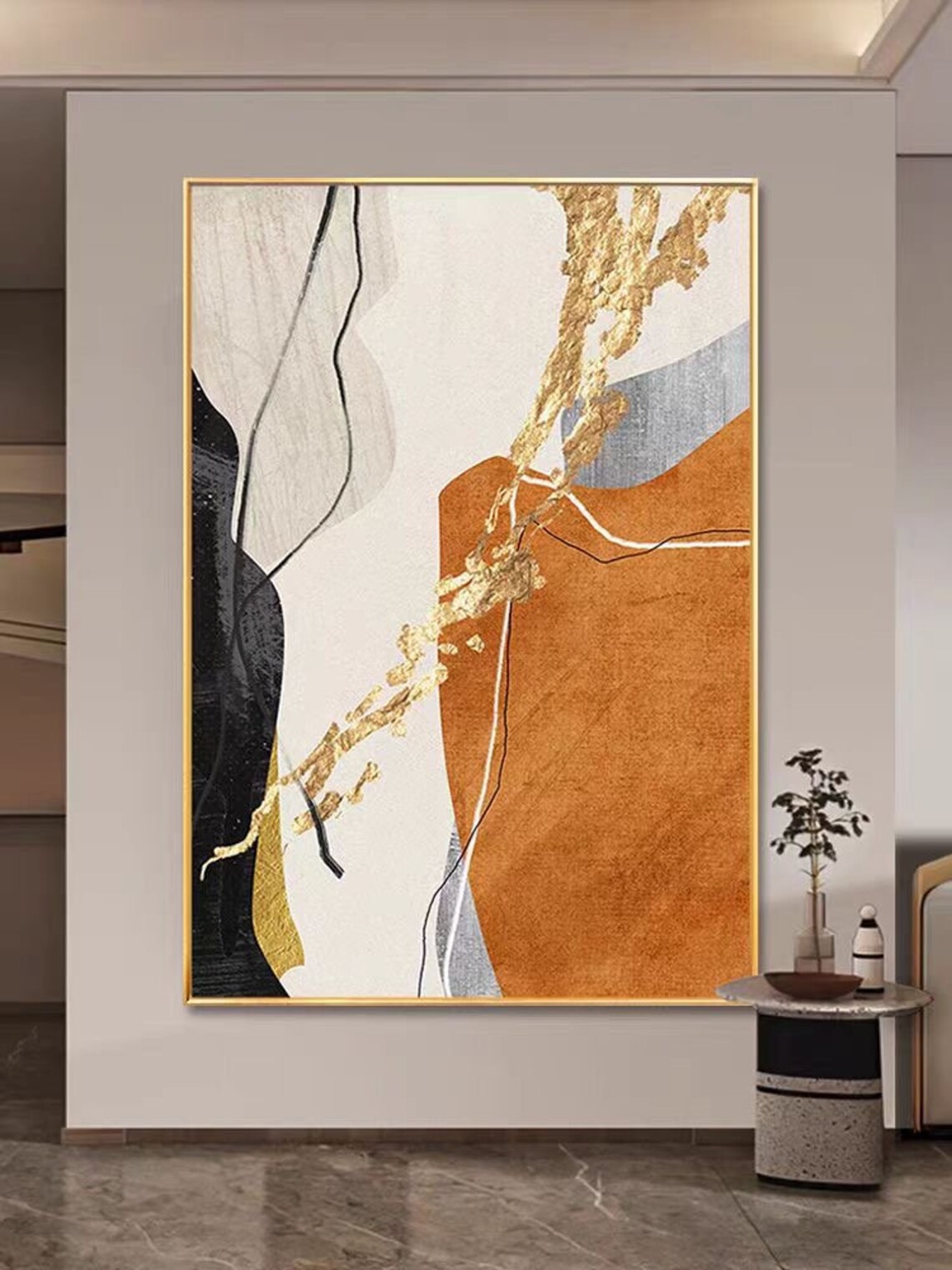 Abstract Gold Beige Orange White And Black Art On Hand Made Personalized Art Gift Living Room Wall Decor Original Acrylic Painting - Image 3
