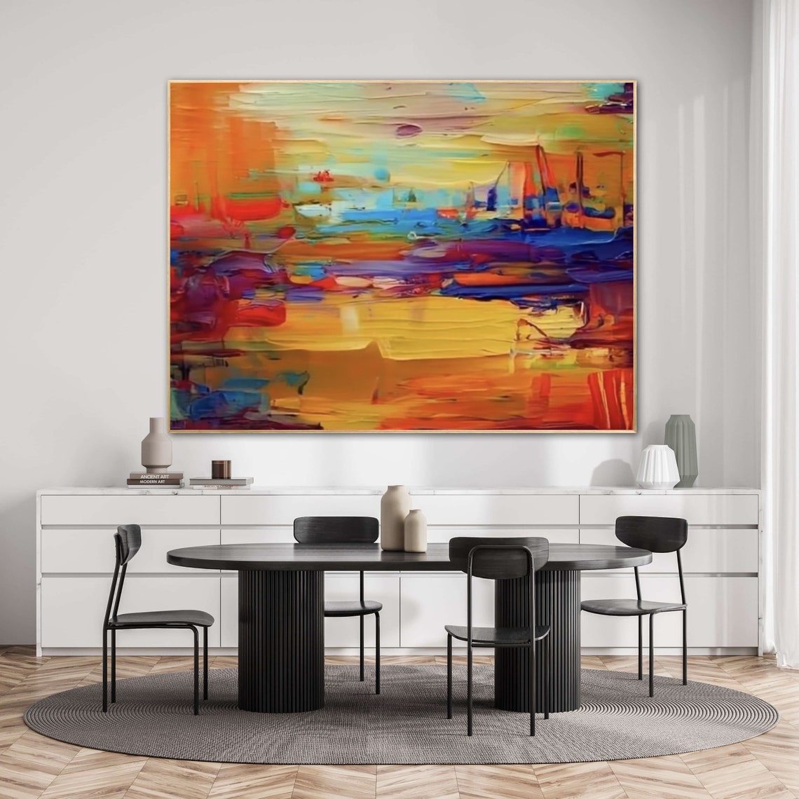 Warm Orange Abstract Sunset Landscape Impasto Style Art Poster - Image 2