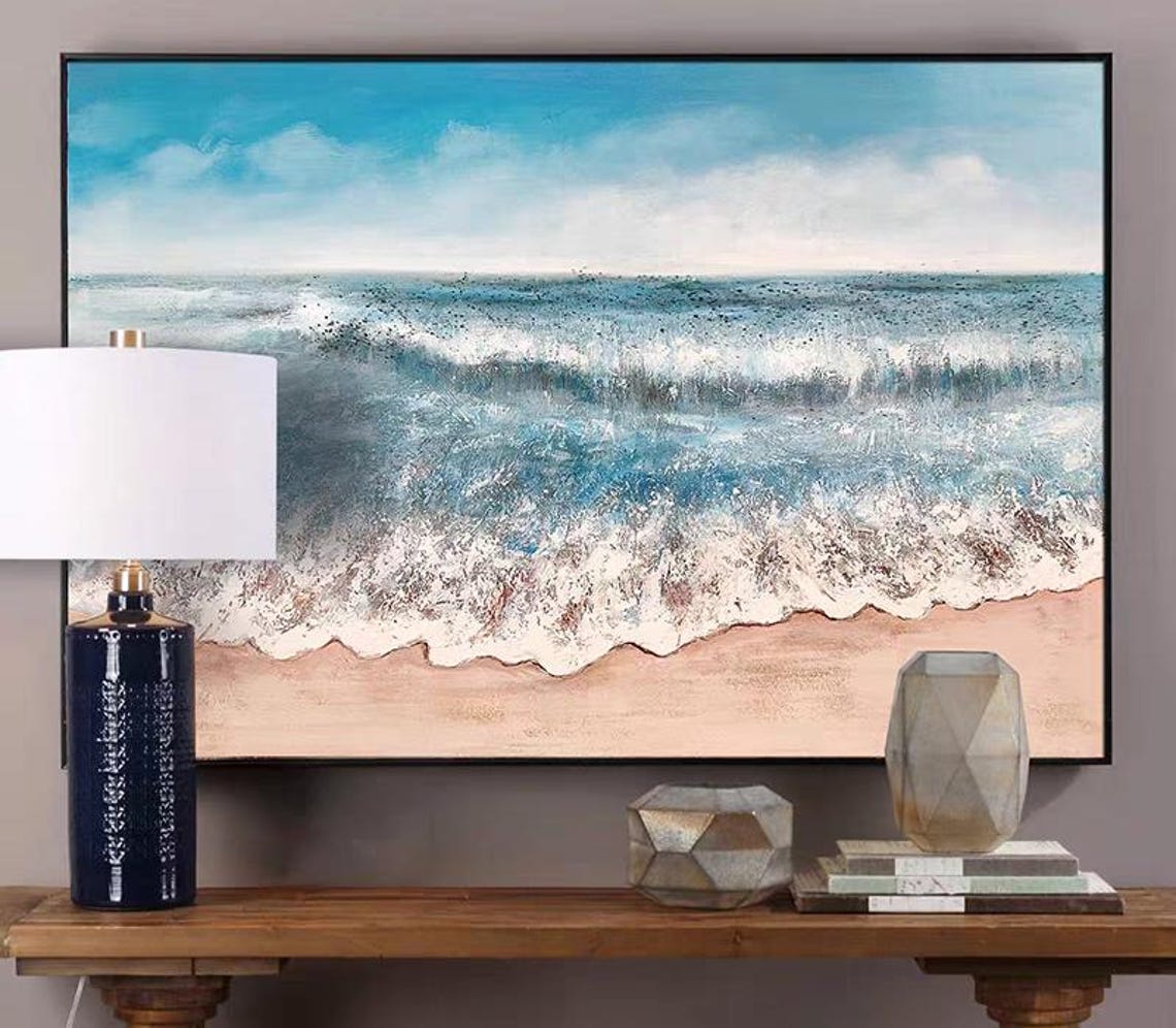 Ocean Waves Washing onto Sandy Beach Blue Seascape Art Poster - Image 4