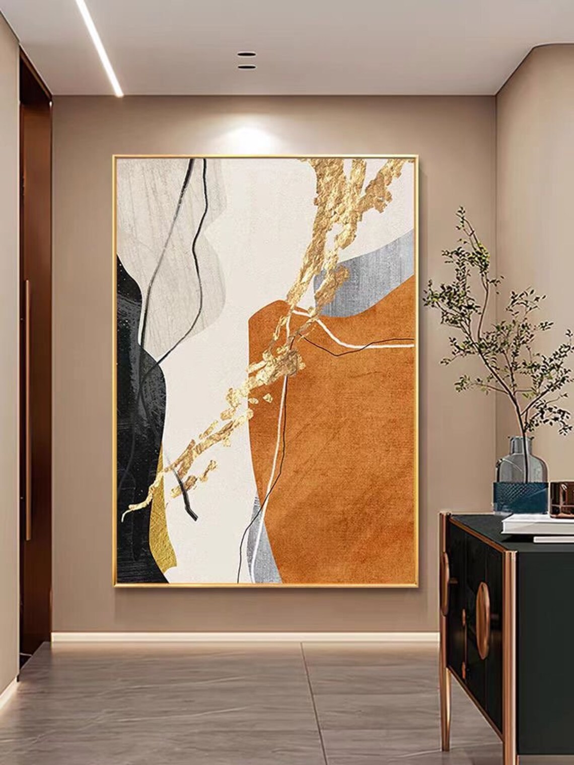 Abstract Gold Beige Orange White And Black Art On Hand Made Personalized Art Gift Living Room Wall Decor Original Acrylic Painting - Image 2