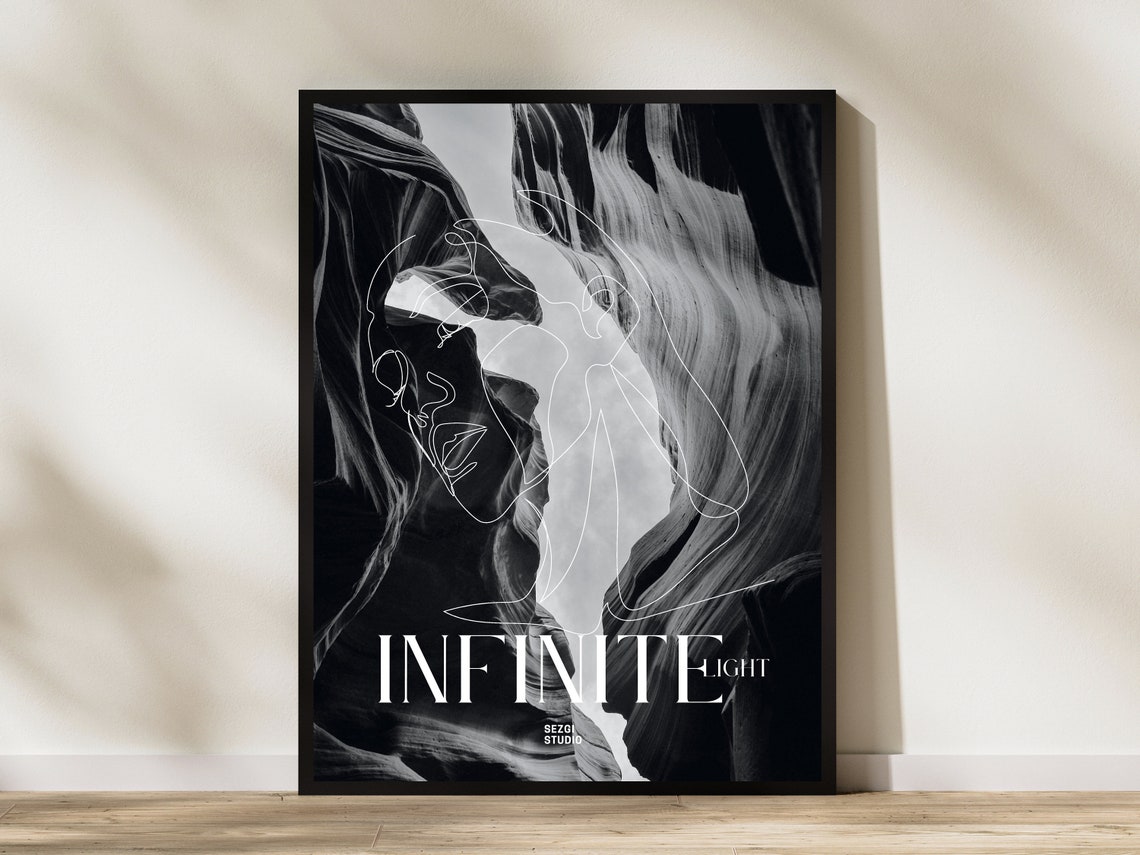 Infinite Light Black White Canyon Line Art Minimalist Nature Poster