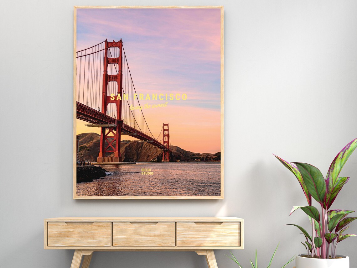 San Francisco Golden Gate Bridge Pink Sunset California Travel Poster